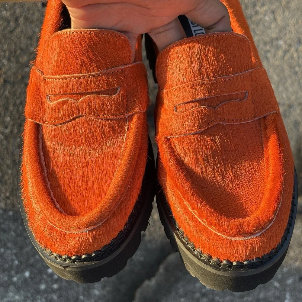 RARE!! Orange Calf Hair Chunky Penny Loafers W7 | 37 Anthropologie Bibi Lou Jaya
